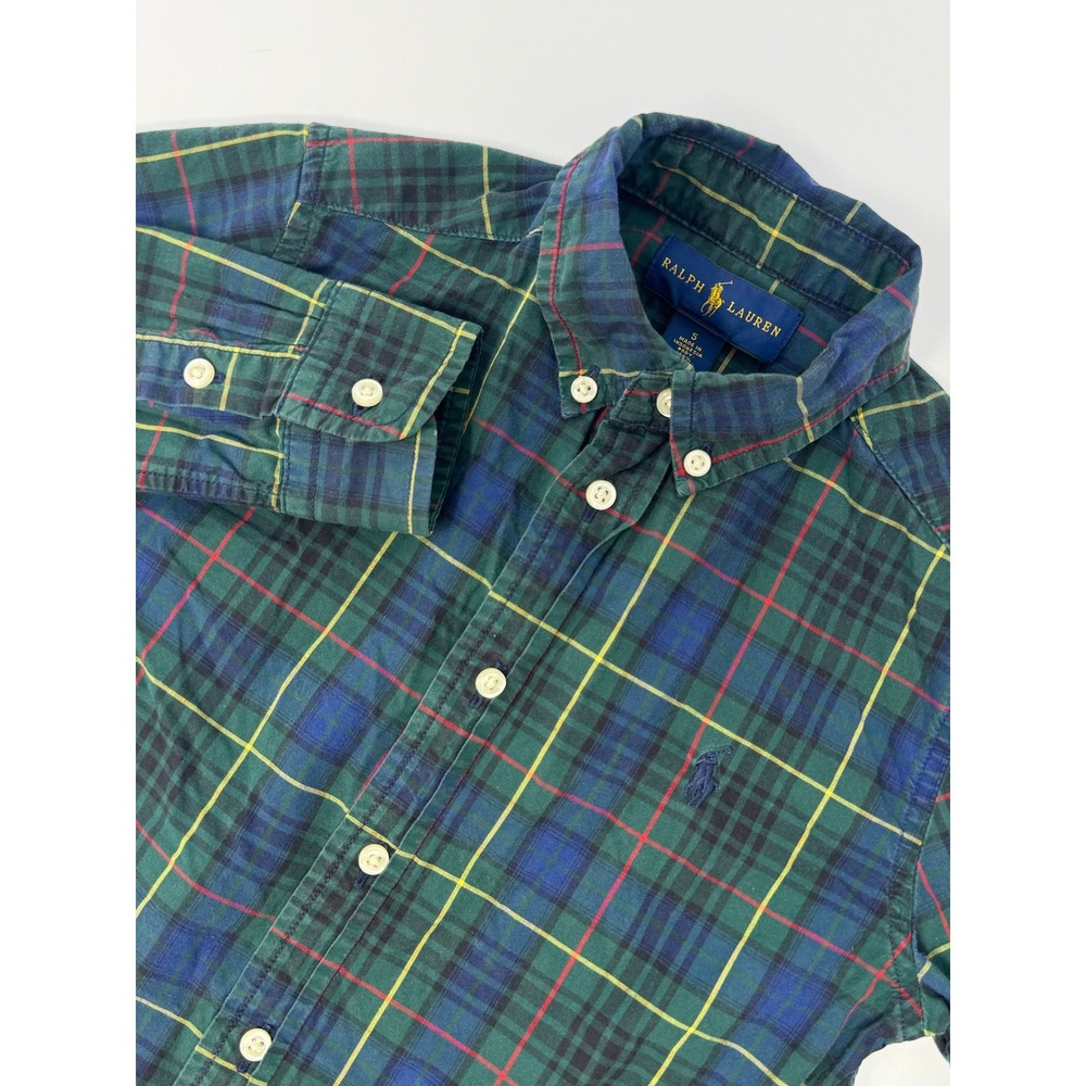 Ralph Lauren Boys Green Blue Tartan Plaid Cotton Button Down Shirt Size 5